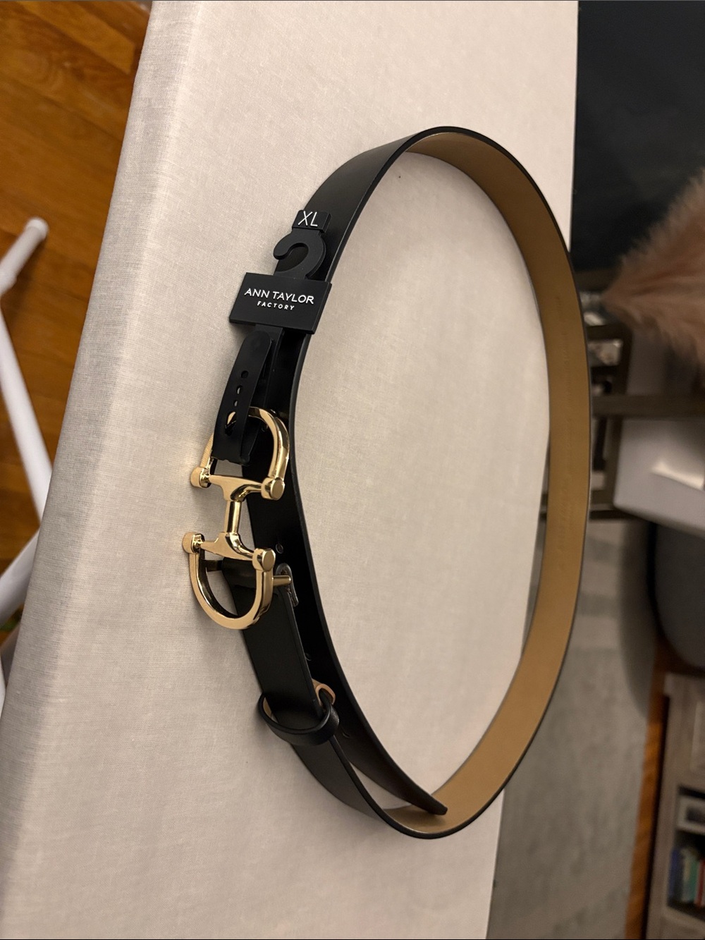 Ann Taylor Black Leather Belt with Gold Horsebit Detail